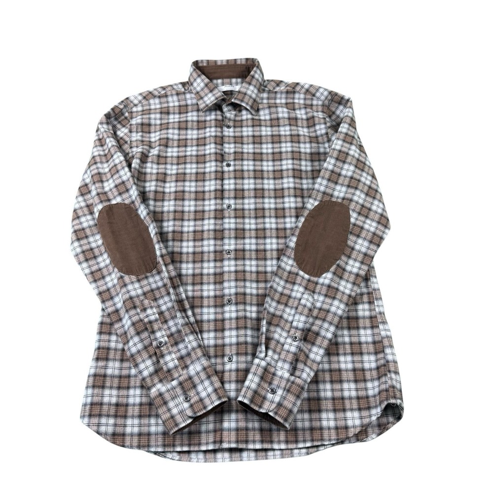 Aglini Bespoke Brown Gray Check Flannel Men’s Button Front Shirt 40 Italy